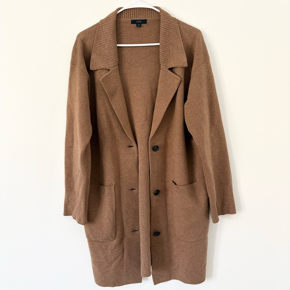 J Crew Camel Tan Oversized Wool Cotton Collared Sweater Jacket Size Medium - Picture 5 of 12
